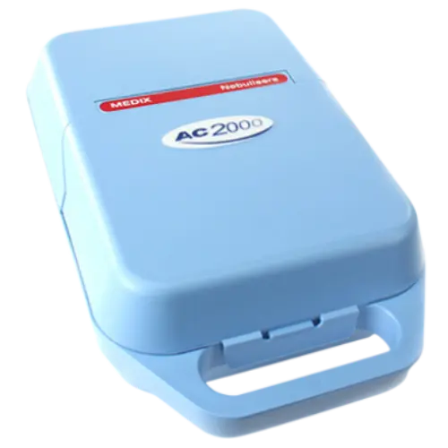 Blue nebulizer with 'AC 2000' branding on a white background
