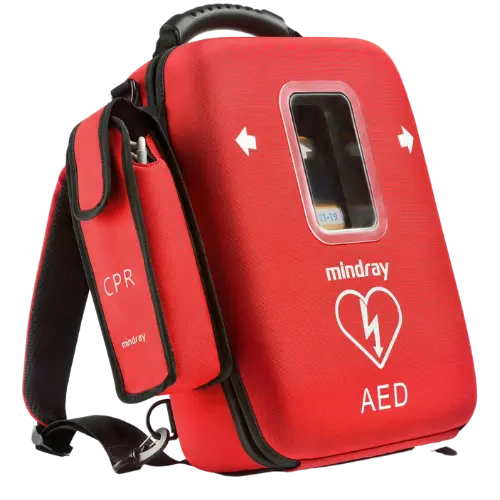 Red AED (Automated External Defibrillator) with 'mindray' branding on a white background