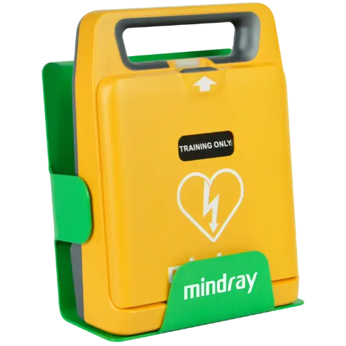 Yellow and green defibrillator with 'mindray' branding wall bracket on a white background