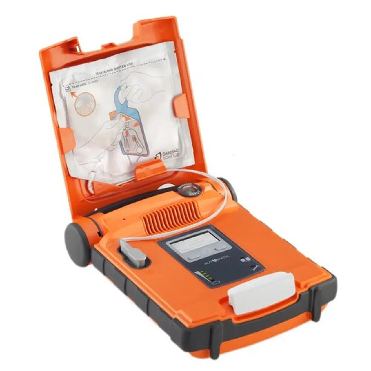 Orange and black defibrillator with open lid showing instructions on a white background