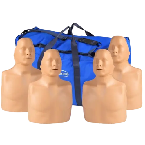 Set of CPR mannequins with a blue carrying bag on a white background