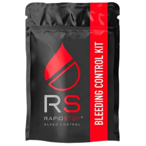 RapidStop bleeding control kit packaging with red and black design on a white background