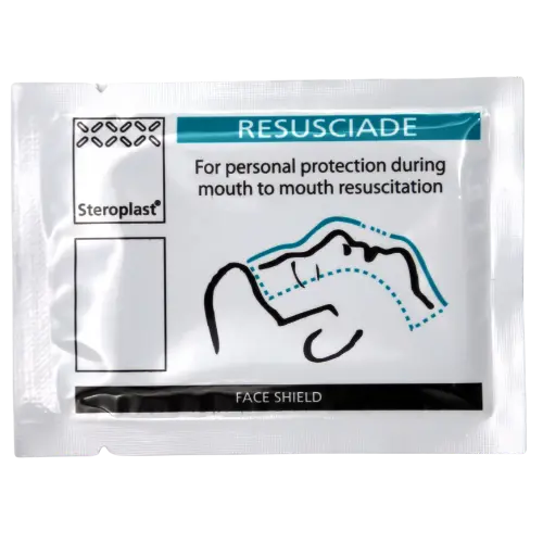Steroplast Resusciade face shield packaging on a white background