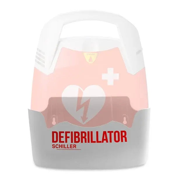 Defibrillator with Schiller branding on a white background