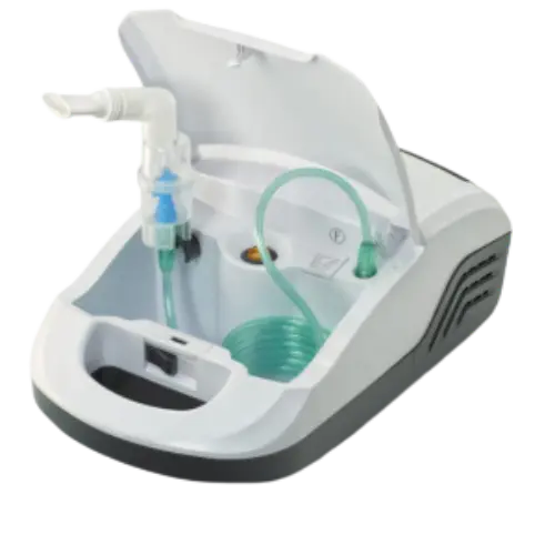White and gray handheld device with hoses on a white background