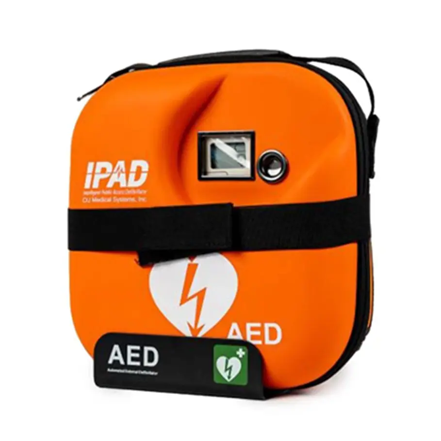 Orange AED pouch with visible branding on a white background
