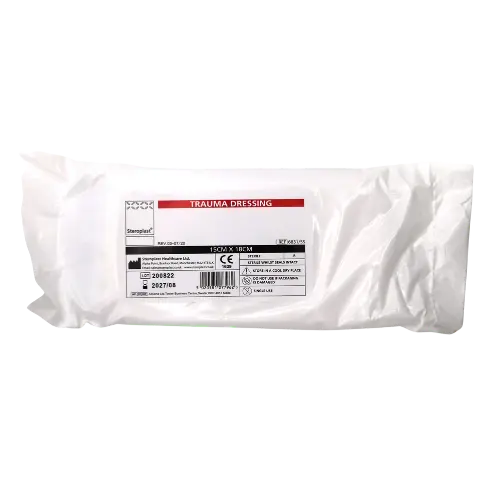 White trauma dressing package with a label on a white background