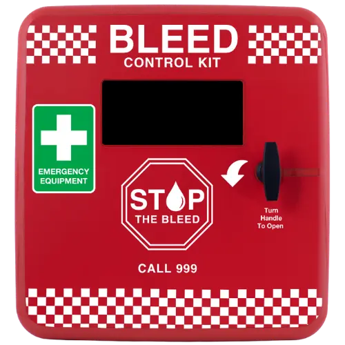 Red bleed control kit with checkered border and emergency equipment symbol on a white background