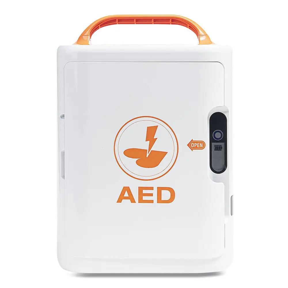 White AED box, with orange handle and orange AED writing 