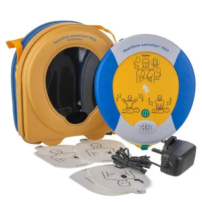 Defibrillator with accessories on a white background