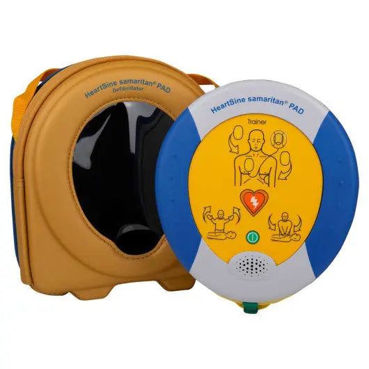 HeartSine Samaritan PAD defibrillator with brown carrying case on a white background