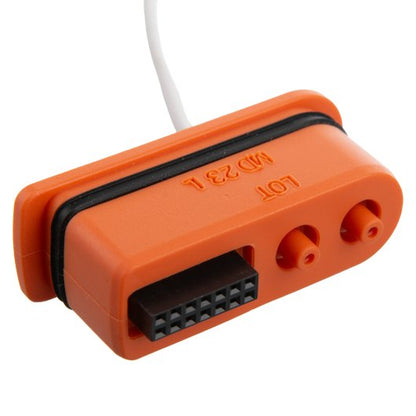 Orange electronic component with black connectors on a white background