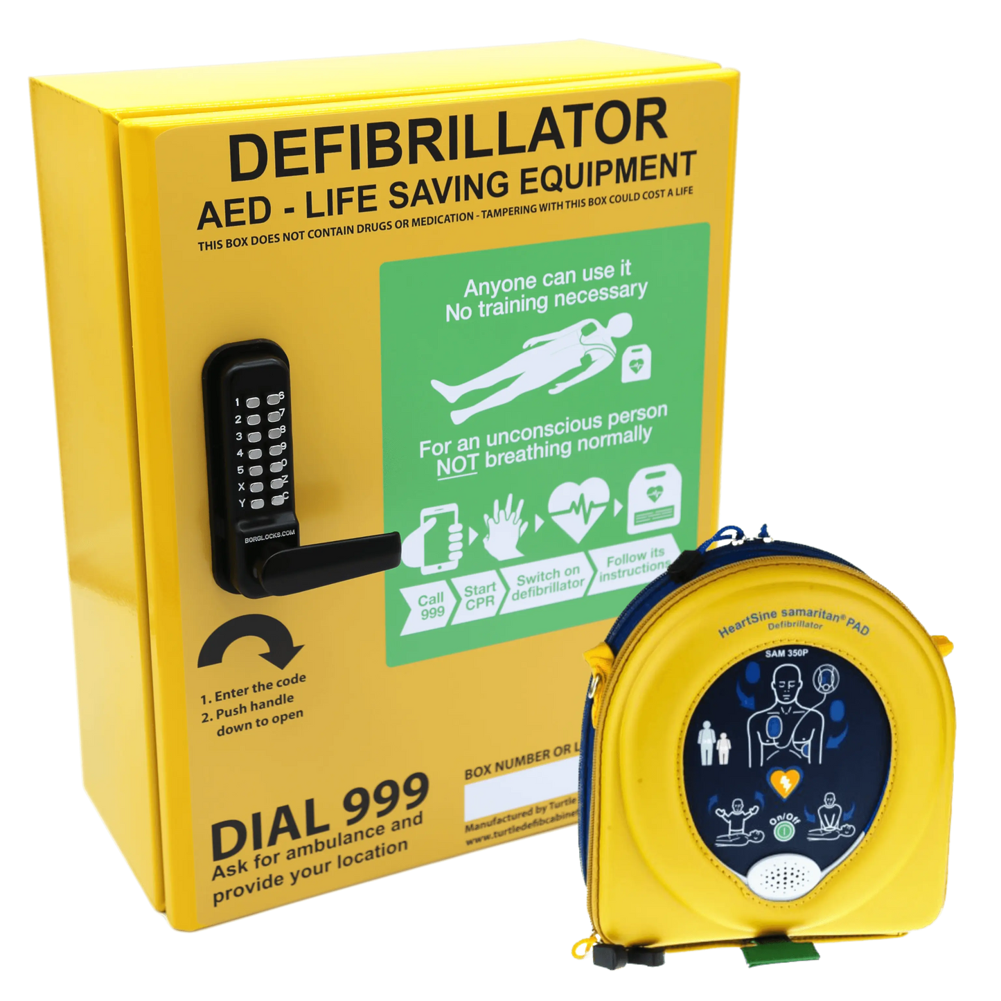 Yellow defibrillator box with a portable defibrillator on a gray background