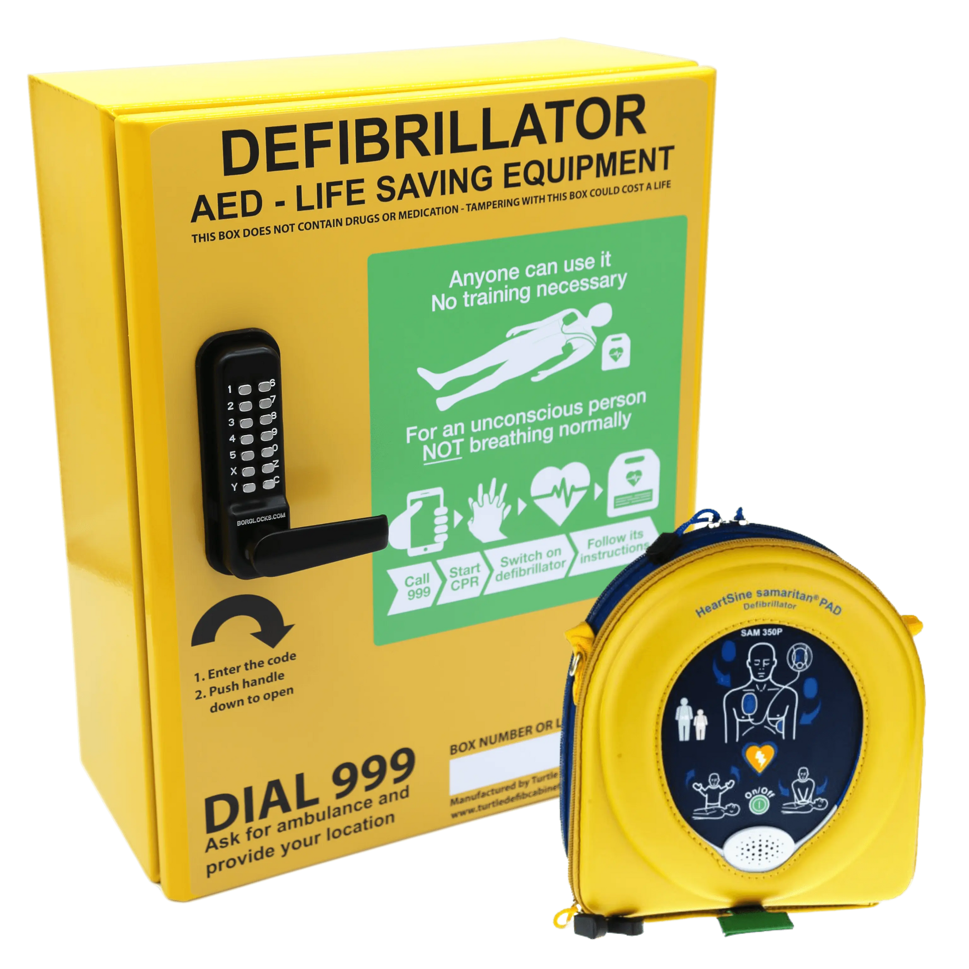 Yellow defibrillator box with a portable defibrillator on a gray background