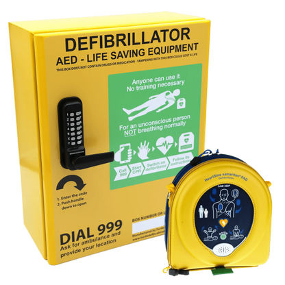 Yellow defibrillator box with a portable defibrillator on a gray background