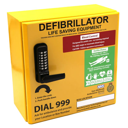 Yellow defibrillator box with text and NHS logo on a white background