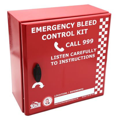 Red emergency bleed control kit box with text and contact information on a gray background