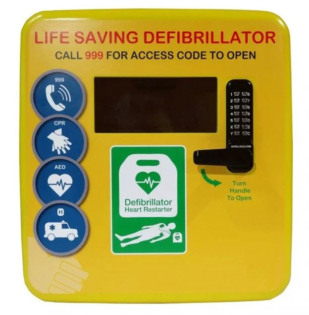 Yellow Life Saving Defibrillator Cabinet, with text on