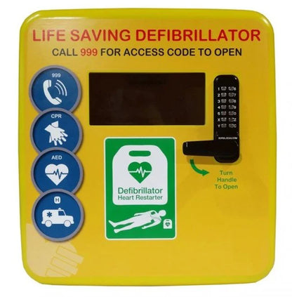 Yellow Life Saving Defibrillator Cabinet, with text on