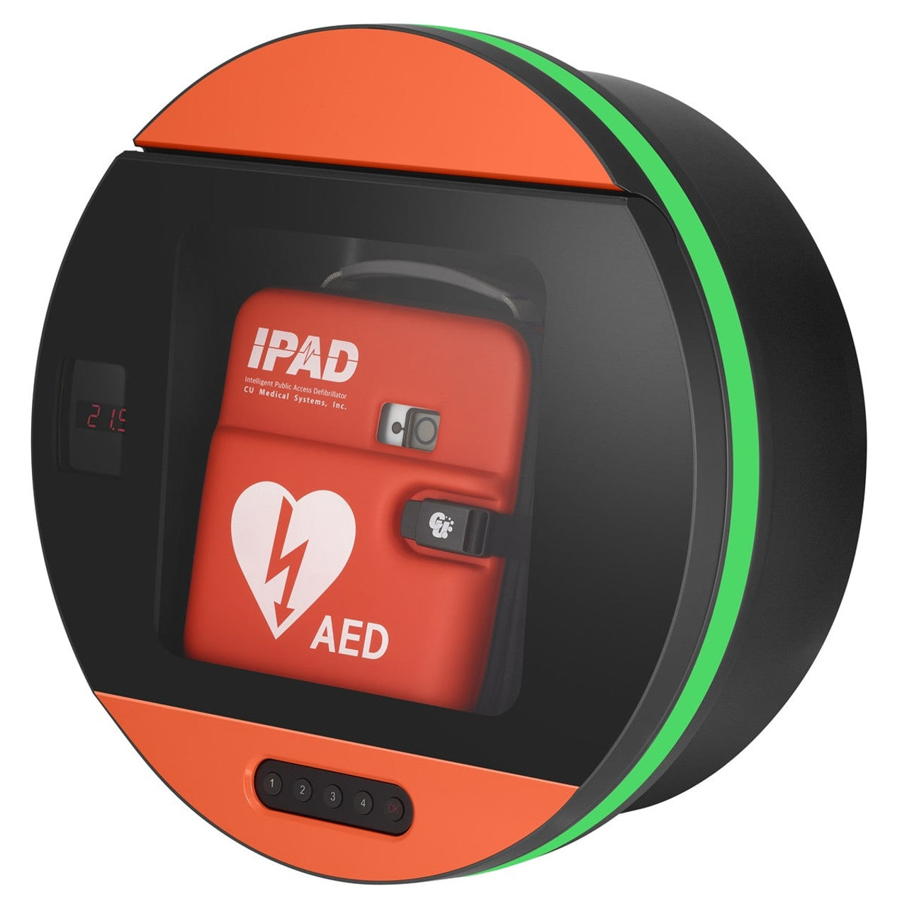 AED storage with orange, black, and green design on a white background