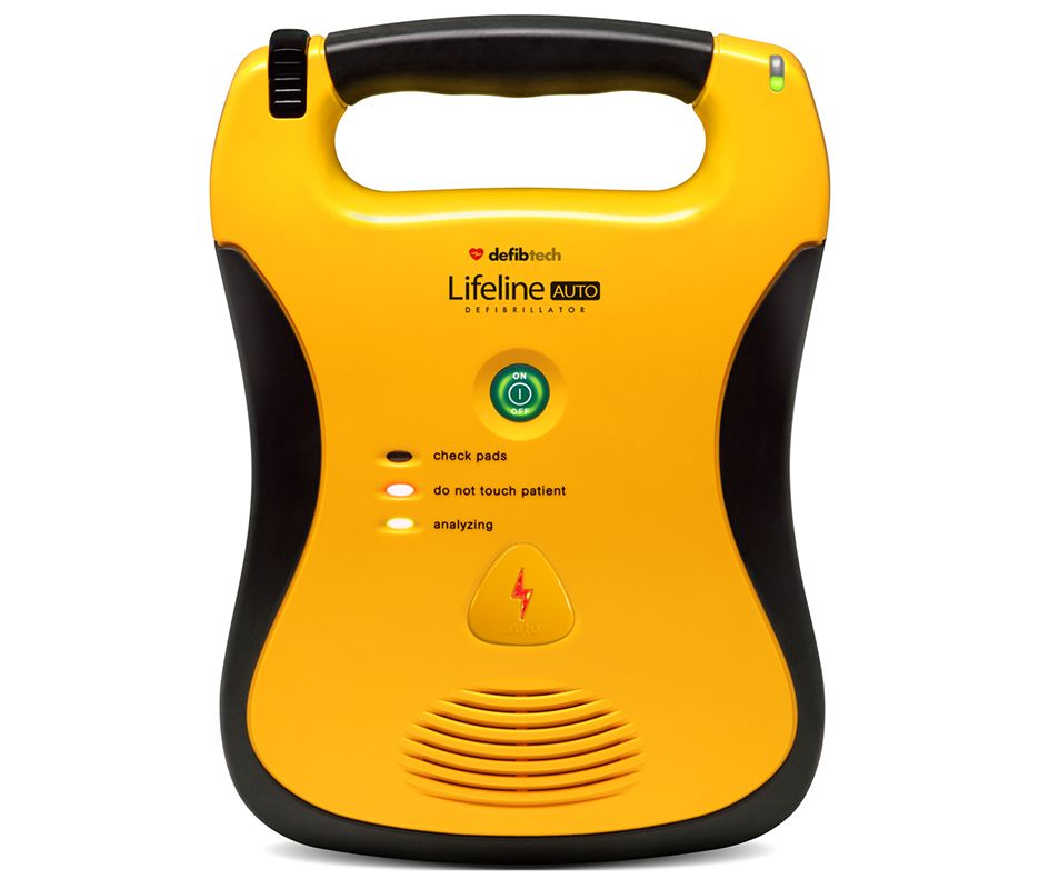 Yellow and black defibrillator with 'LifeLine Auto' branding on a white background