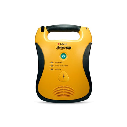 Yellow and black Defibtech Lifeline AED on a white background