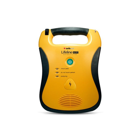 Yellow and black Defibtech Lifeline AED on a white background
