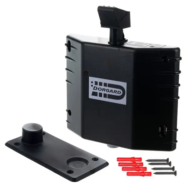 Black security Dorgard device with mounting plate and screws on a white background
