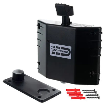 Black security Dorgard device with mounting plate and screws on a white background