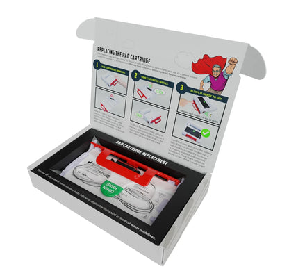 Box with instructions and a red tool inside on a white background