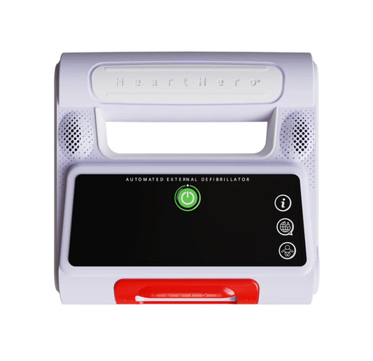 HeartHero automated external defibrillator on a white background