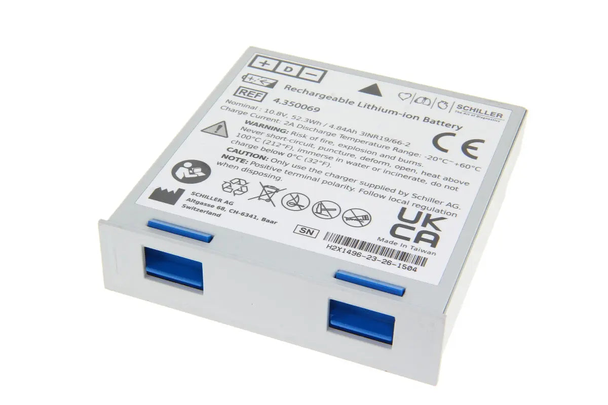 Back of Schiller 5000 battery with connector port, label area, and molded plastic casing