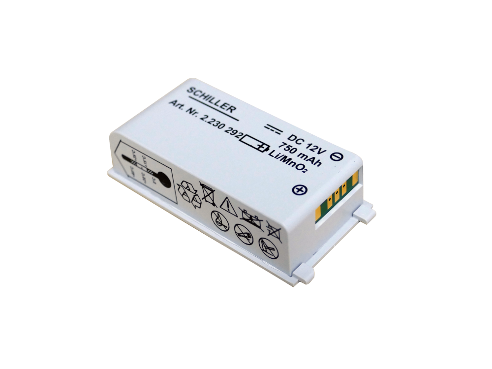 Small electronic battery with 'Schiller' branding on a white background