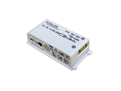 Small electronic battery with 'Schiller' branding on a white background