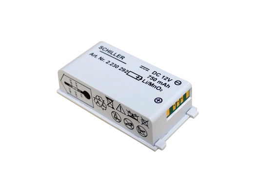 Small electronic battery with 'Schiller' branding on a white background