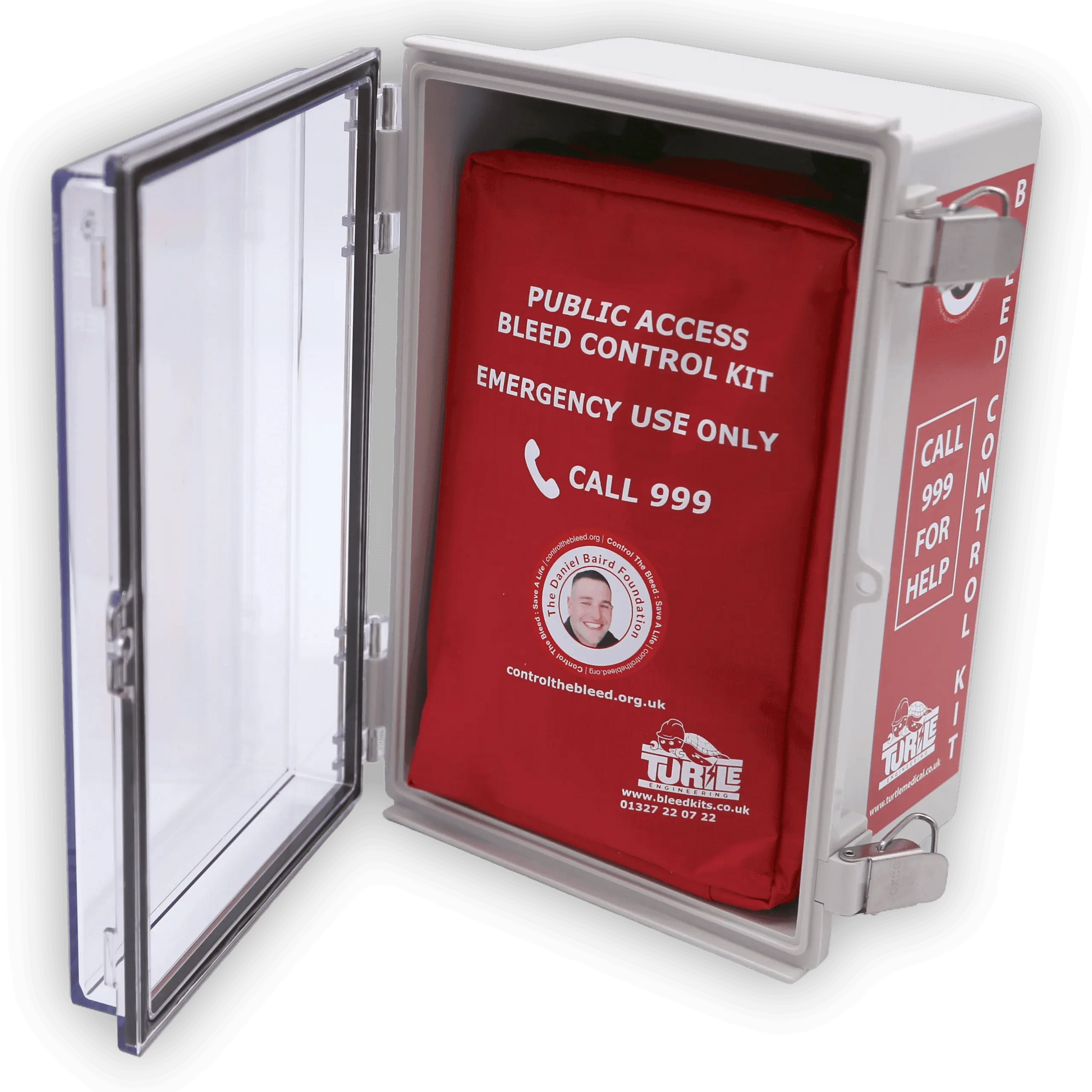 Red bleed control kit in a clear plastic case with text and branding.