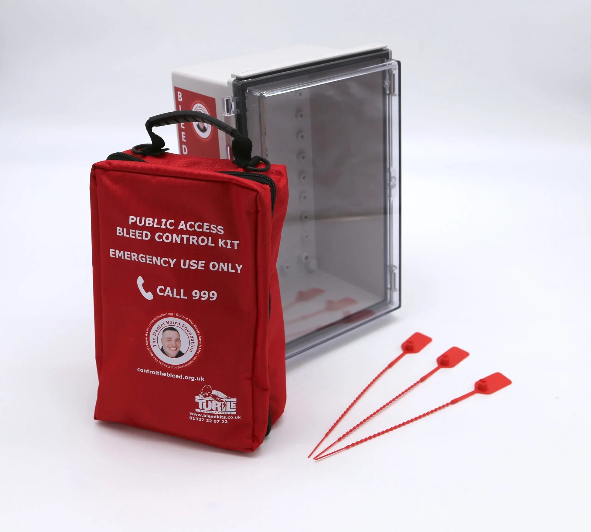 Red public access bleed control kit with components on a white background