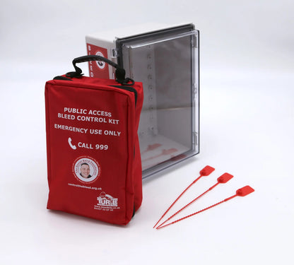 Red public access bleed control kit with components on a white background