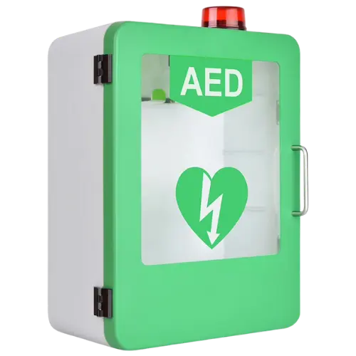 green and white AED cabinet with red alarm light on top