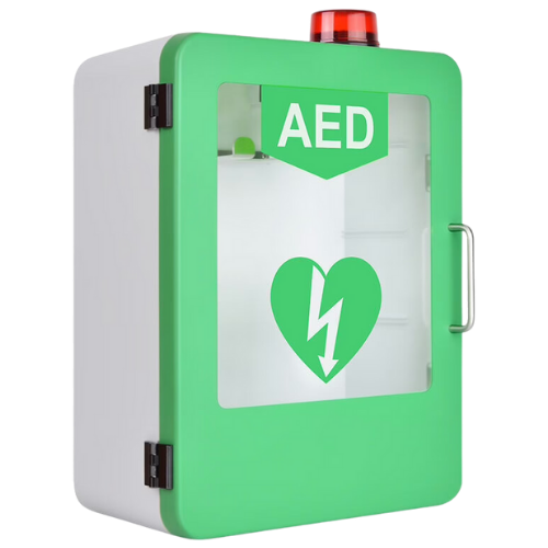 green and white AED cabinet with red alarm light on top