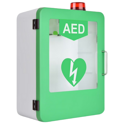 green and white AED cabinet with red alarm light on top