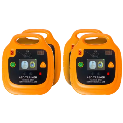four orange AED trainers on a white background
