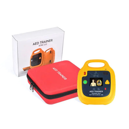 AED trainer with red carrying case and packaging on a white background
