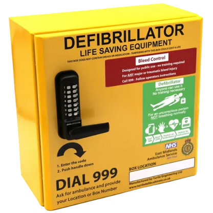Yellow defibrillator box with text and symbols on a white background