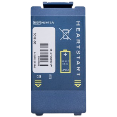 Blue battery pack with 'Heartstart' branding on a white background