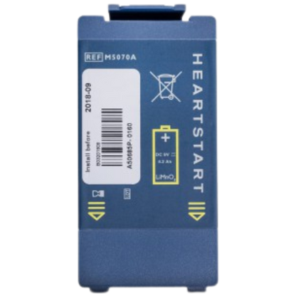 Blue battery pack with 'Heartstart' branding on a white background