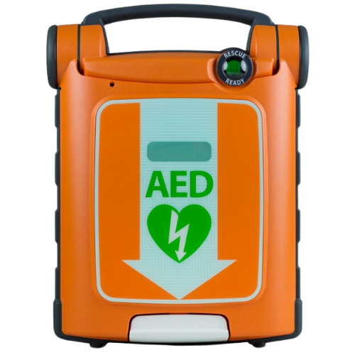 Orange aed, with black handle and green heart sign