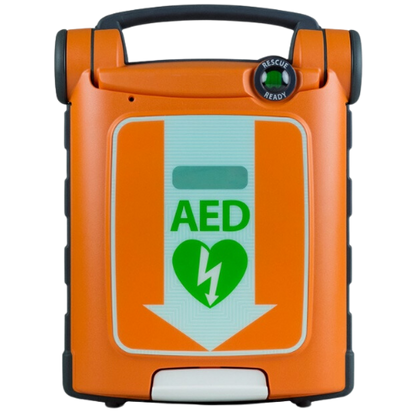 Orange aed, with black handle and green heart sign