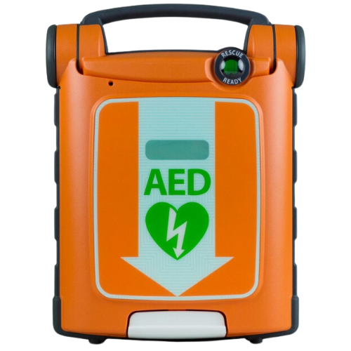 orange aed with black handle with green AED wording 