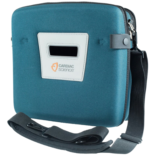 Blue carrying case with a strap and 'Cardiac Science' logo on a white background